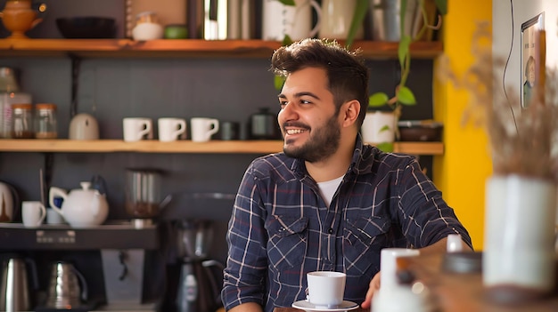 Un hombre barbudo con una camisa a cuadros está sentado en una cafetería y mirando hacia otro lado con una sonrisa en la cara tiene una taza de café en las manos