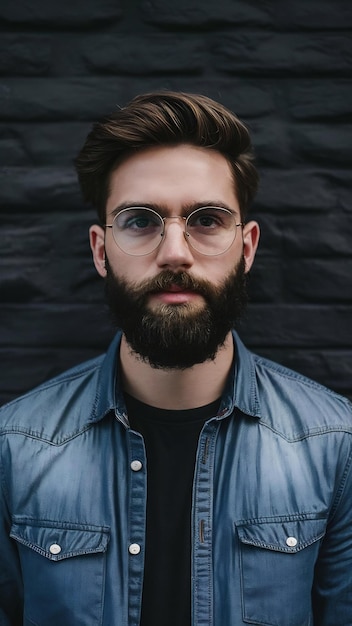 Hombre barbudo con camisa de vaqueros y gafas redondas