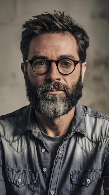 Hombre barbudo con camisa de vaqueros y gafas redondas