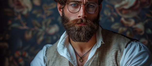 Hombre barbudo con chaleco y gafas