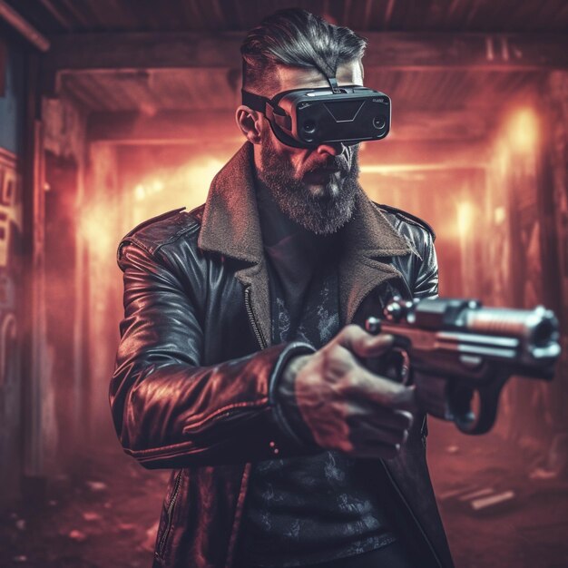 Foto un hombre barbudo con una chaqueta de cuero con un arma en la mano en un edificio abandonado