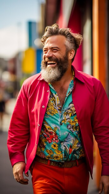 Hombre barbudo con chaqueta roja y camisa colorida caminando por la calle y riendo