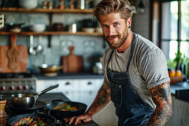 Foto hombre barbudo en la cocina