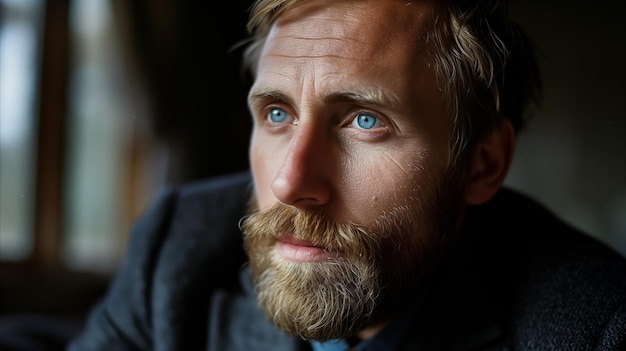 Hombre barbudo contemplativo con intensos ojos azules a la luz de la ventana