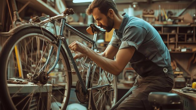 Hombre barbudo con un delantal azul reparando una bicicleta en su garaje
