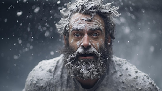 Hombre barbudo después de bañarse en la nieve. Foto de alta calidad.