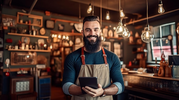 Hombre barbudo elegante y sonriente de pie frente a una barbería y sosteniendo una tableta creada con tecnología de IA generativa