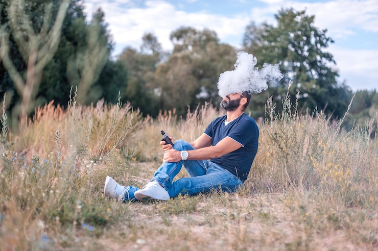 Foto hombre barbudo con estilo fumando un dispositivo de humo electrónico en un claro del bosque. cigarrillo híbrido.