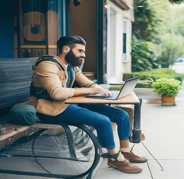 Un hombre barbudo de estilo hipster que trabaja como autónomo en línea. Está sentado en una acogedora cafetería.