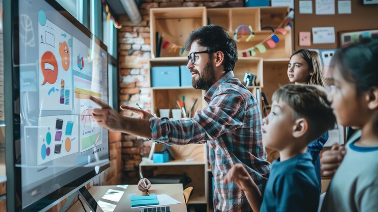 Foto hombre barbudo con gafas enseñando a los niños sobre gráficos y gráficos en una pizarra interactiva en el aula