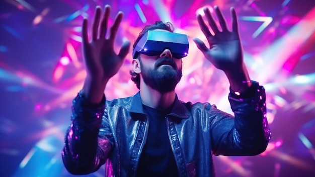 Hombre barbudo con gafas de realidad virtual jugando con tecnología de realidad aumentada en un fondo de neón gradiente generado por IA