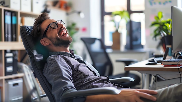 Foto hombre barbudo con gafas sentado en una silla de oficina y riendo con la cabeza inclinada hacia atrás