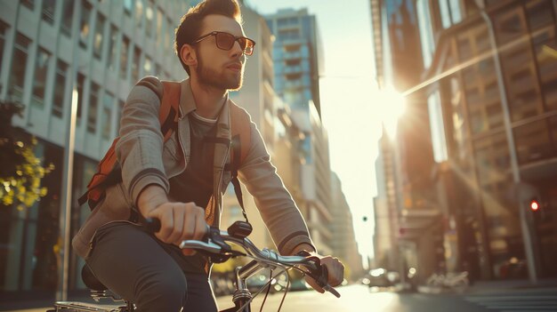 Foto un hombre barbudo con gafas de sol anda en bicicleta por una concurrida calle de la ciudad con el sol brillando en el fondo