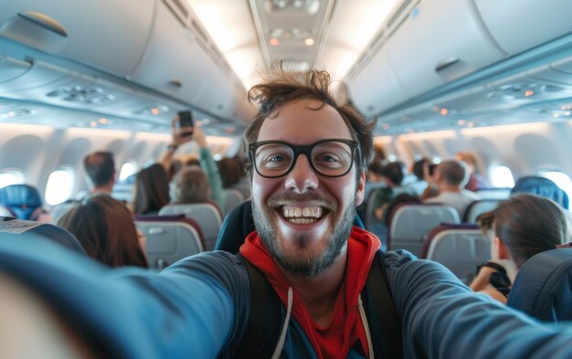 Foto un hombre barbudo con gafas toma una viva selfie con otros pasajeros en el fondo en un avión