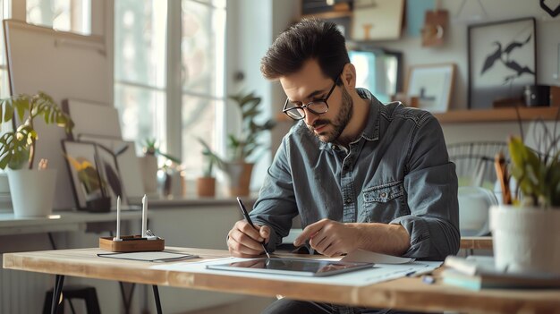 Foto hombre barbudo con gafas trabaja en un proyecto en su escritorio usando una tableta y un bolígrafo