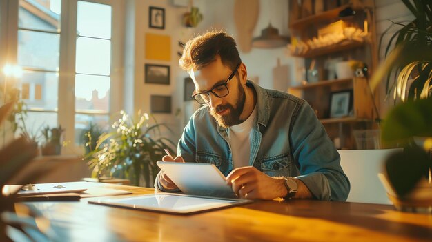 Foto hombre barbudo con gafas trabaja en una tableta gráfica mientras está sentado en su escritorio en una oficina en casa