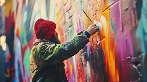 Un hombre barbudo con una gorra roja y una chaqueta verde está pintando un mural colorido en una pared