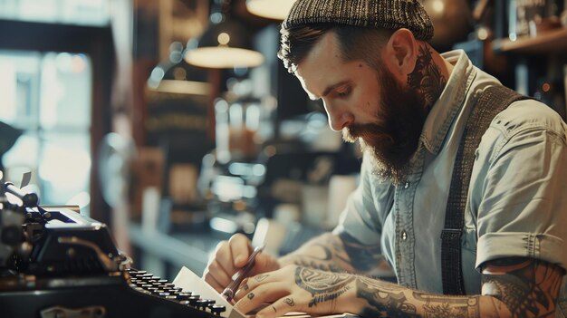 Foto hombre barbudo con gorra y tirantes escribe en una máquina de escribir en una cafetería