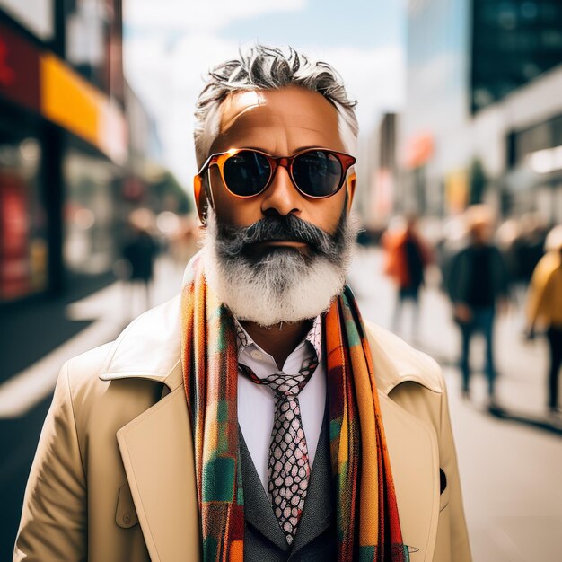 Foto hombre barbudo guapo con gafas de sol y traje elegante con barba está de pie en las calles