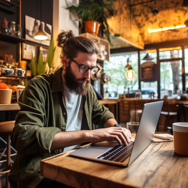 Hombre barbudo y guapo usando una computadora portátil mientras está sentado en una mesa en una cafetería