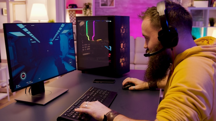 Foto hombre barbudo hipster jugando juegos online profesionales en su computadora. jugador en una habitación con luces de neón de colores.
