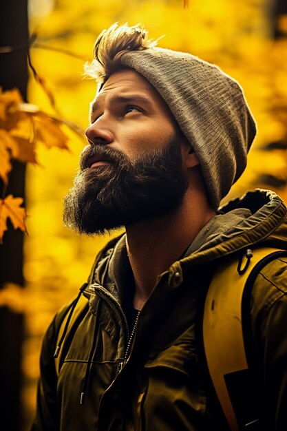 Hombre barbudo con hoja de arce amarilla en otoño en el bosque Retrato de un hombre en el bosque de otoño