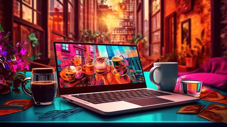 Hombre barbudo joven concentrado sentado en casa usando computadora portátil Generativo ai