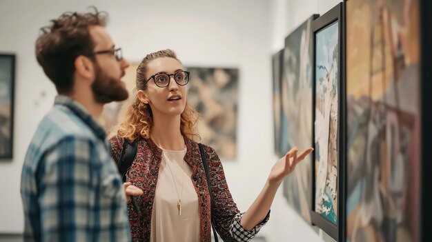 Foto hombre barbudo y mujer con gafas mirando pinturas en una galería de arte