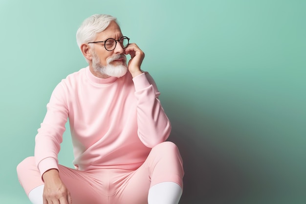 Hombre barbudo de pelo gris viste chándal rosa sobre fondo verde Concepto de estilo de vida activo Ilustración generativa de IA