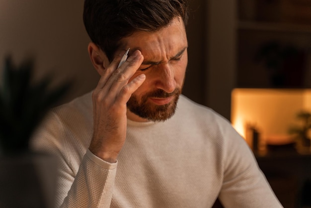 Hombre barbudo que se siente cansado mientras se sienta frente a la computadora portátil y se frota la cabeza durante el trabajo por la noche