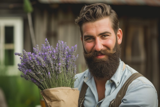 Hombre barbudo con un ramo de lavanda en un entorno rústico