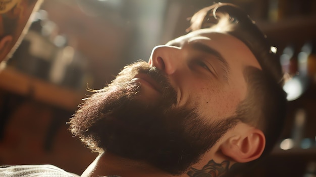 Foto hombre barbudo recortándose la barba en una barbería