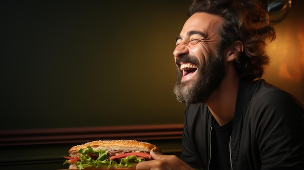 Hombre barbudo riendo con un sándwich en la mano