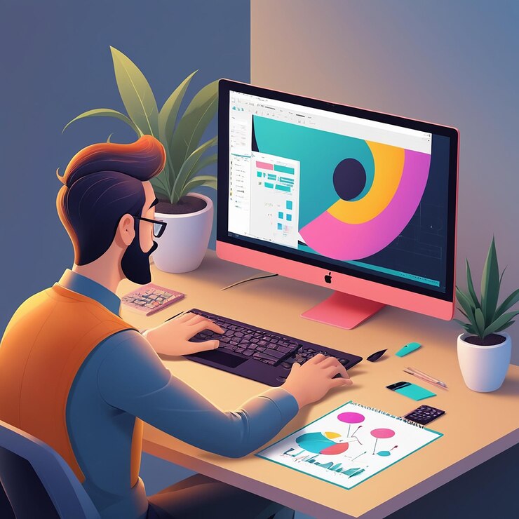 Foto hombre barbudo sentado frente a una computadora portátil hombre que trabaja en una computadora independiente renderizado en 3d ilustración en 3d