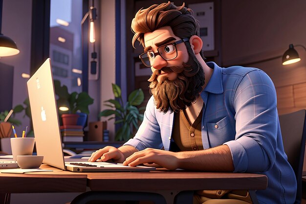 Hombre barbudo sentado frente a una computadora portátil hombre de trabajo en la computadora freelancer render 3D ilustración 3D