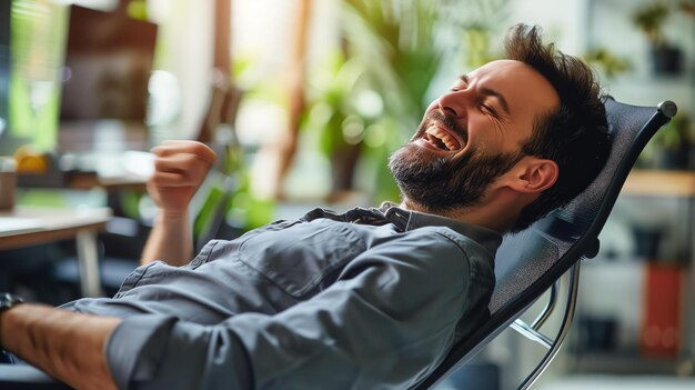 Foto hombre barbudo sentado en una silla y riendo de todo corazón lleva una camisa casual y tiene los ojos cerrados