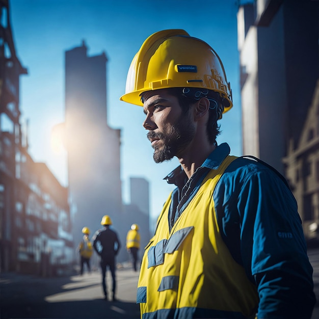 Hombre barbudo con sombrero amarillo de seguridad y uniforme con fondo de construcción iluminado por el sol