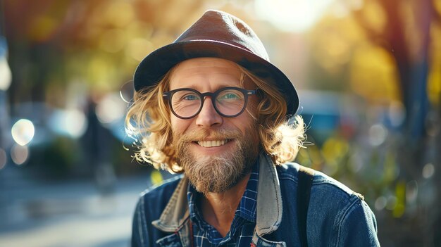 Hombre barbudo con sombrero y gafas sonríe a la cámara