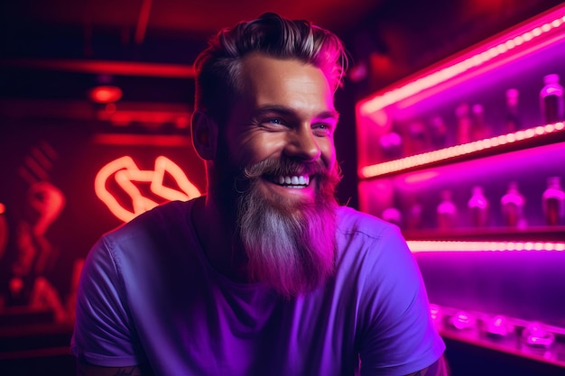 hombre barbudo sonriendo sobre un fondo rojo en el estilo de la fotografía ultravioleta paleta de colores de neón