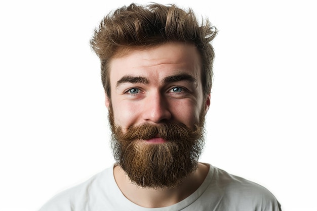 Hombre barbudo sonriente con camisa blanca sobre fondo blanco aislado