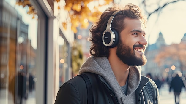 Hombre barbudo sonriente escuchando música a través de auriculares inalámbricos