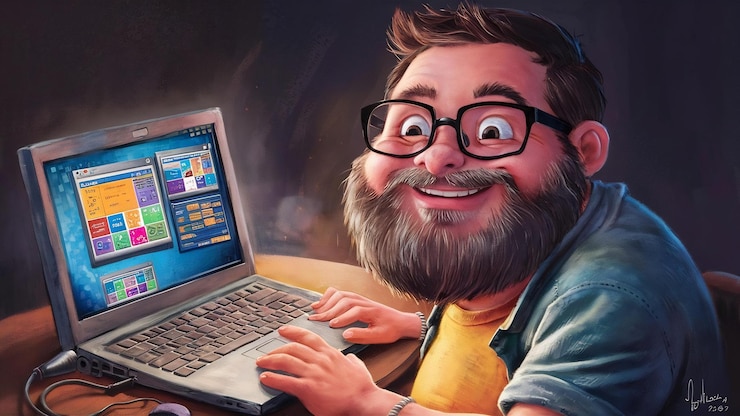 Foto hombre barbudo sonriente que usa la computadora portátil