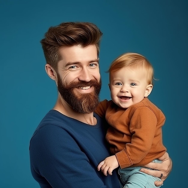 Hombre barbudo sosteniendo un bebé sonriente