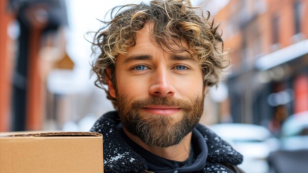 Foto un hombre barbudo sosteniendo una caja