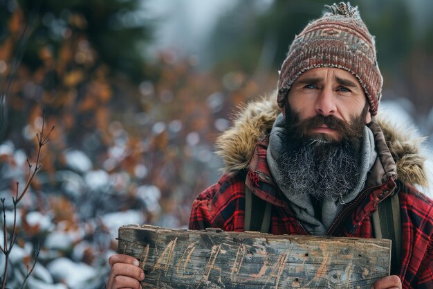 Foto hombre barbudo con tabla de madera