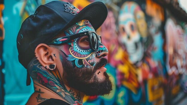 Foto hombre barbudo con tatuajes en la cara y el cuello con una gorra negra y gafas de sol