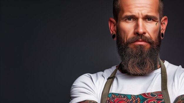 Foto un hombre barbudo con tatuajes que lleva un delantal de chef que refleja una mezcla de habilidad culinaria