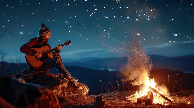 Hombre barbudo tocando la guitarra y cantando canciones junto a la fogata por la noche El cielo estrellado y la fogata brillante iluminan la zona