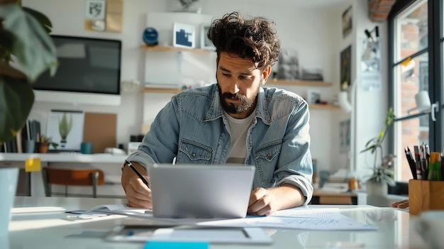 Hombre barbudo trabajando en casa usando una computadora portátil y tomando notas En la oficina del hogar concepto de negocio de lugar de trabajo