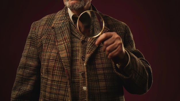 Foto hombre barbudo en traje vintage con lupa en busca de pistas concepto de detective o sherlock holmes